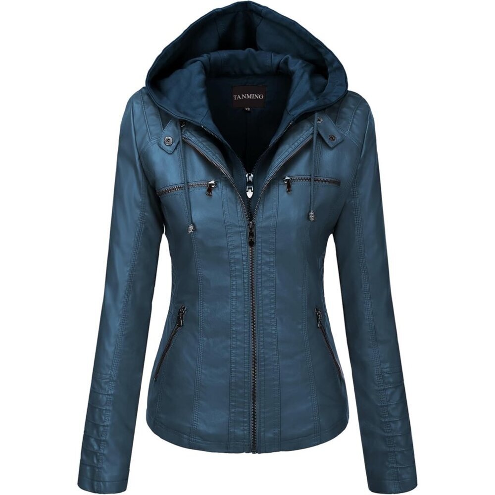 Women's Blue Hooded Moto Biker Outerwear Fall Fashion Faux Leather Jacket
